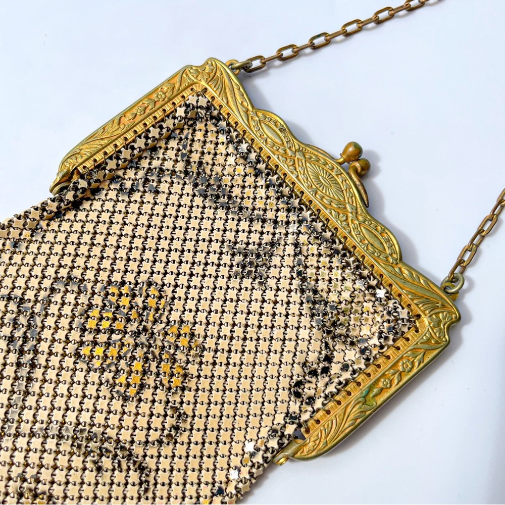 Antique Mandalian Art Deco Enameled Metal Mesh 1920’s Flapper Purse with Floral